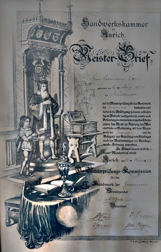 Meisterbrief von 1929 für das Zimmererhandwerk, ausgestellt von der Handwerkskammer zu Aurich
