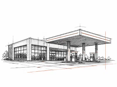 Architekturskizze für Gewerbebau und Tankstellenbau